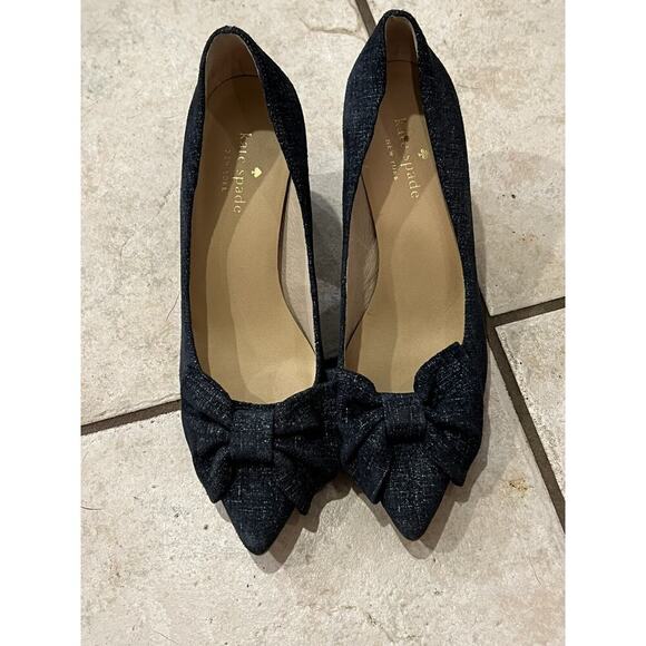 Kate Spade Shimmering Blue Chambray Denim Bow Pointed Toe Block Heel Sz 7 - Picture 1 of 7